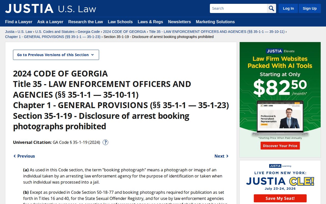 Georgia Code Section 35-1-19 booking photograph restrictions